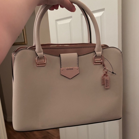 Guess Handbags - GUESS Beige Satchel with Pink Accents